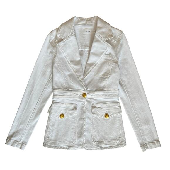 A.L.C. Women’s Amelia II White Denim Collared Gold One Button Blazer Jacket Sz 2 - Picture 2 of 14